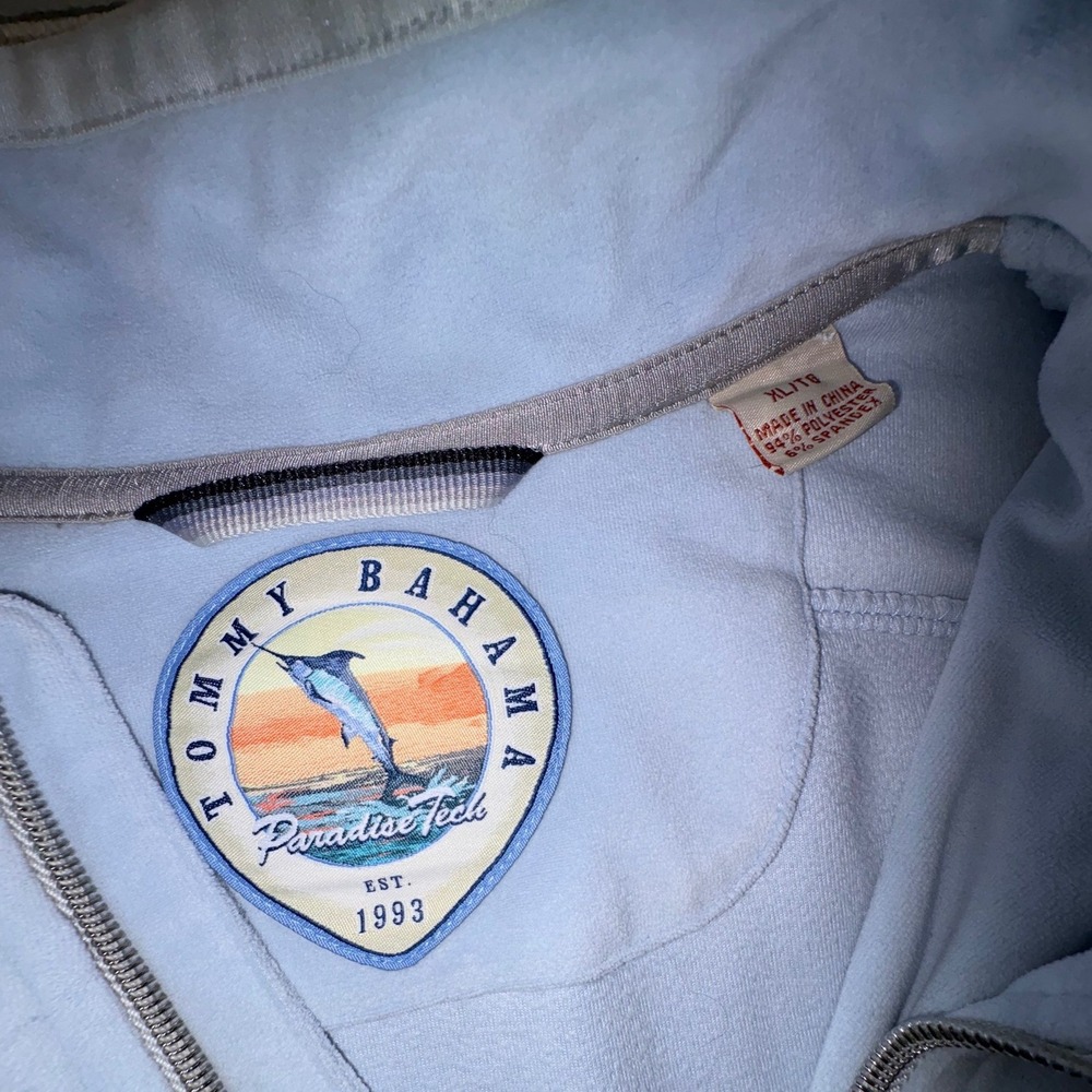 Tommy Bahama Paradise Tech Mens XL Light Blue Quarter Zip Pullover Marlin Logo